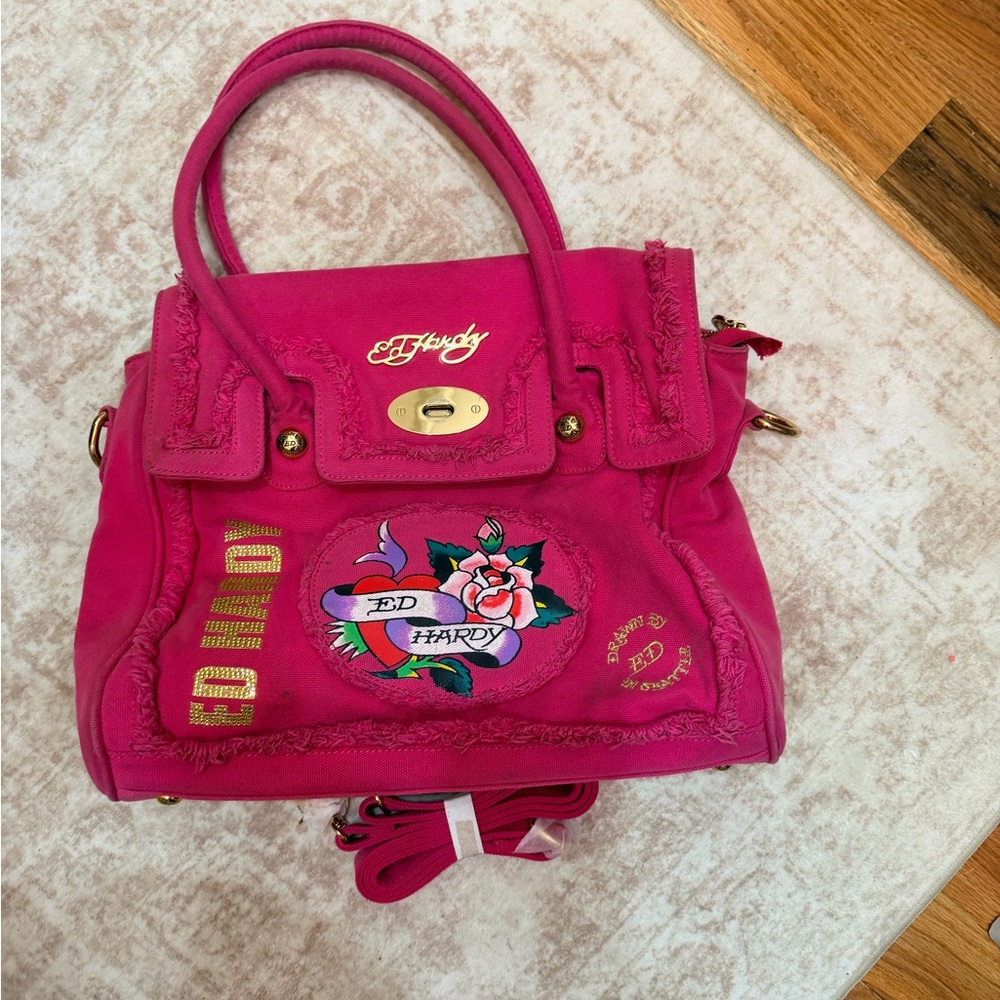 Ed Hardy Fuchsia Satchel with Tattoo Design